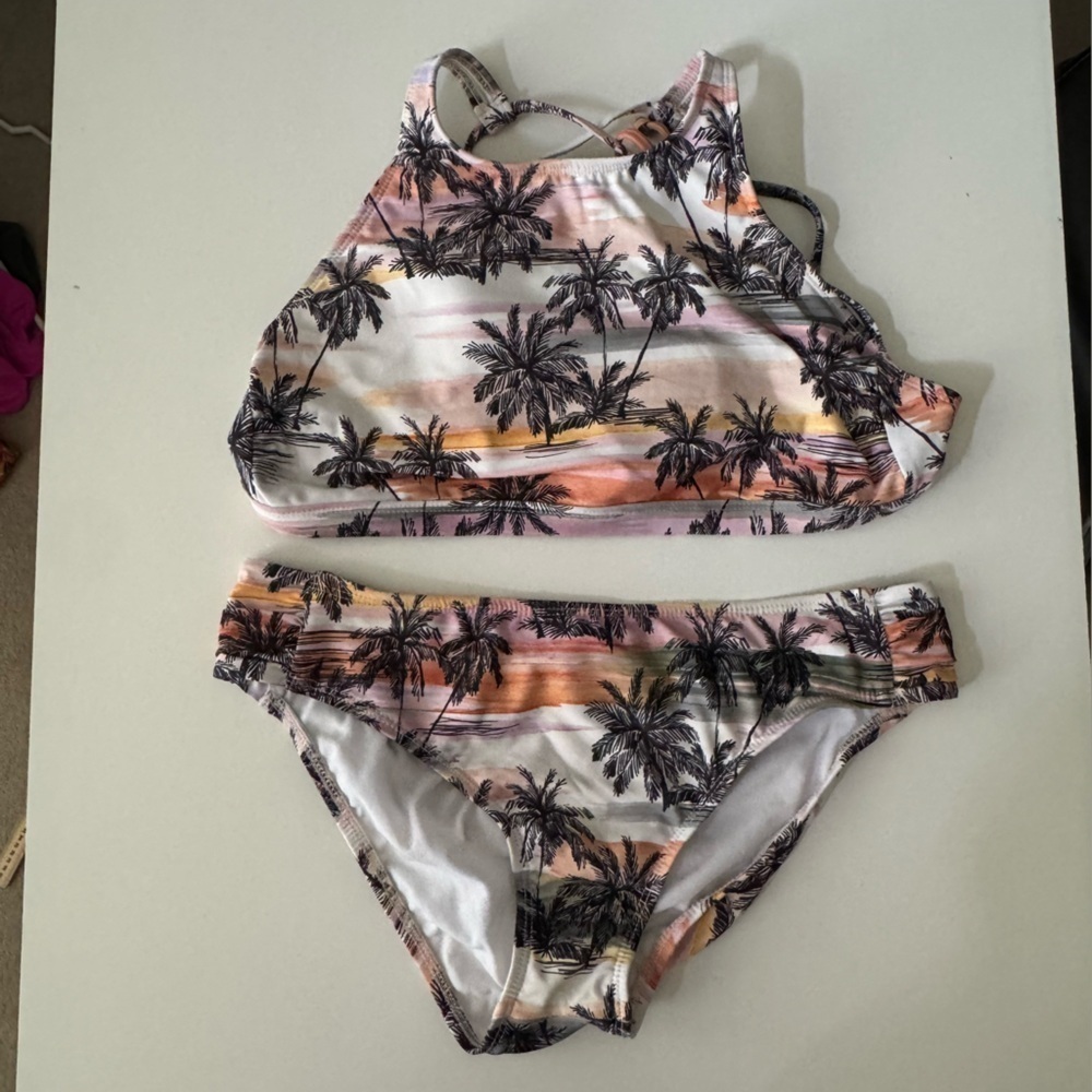 Next By Athena Stability High Neck Strappy Back Tropical Sunset Bikini Sz Large